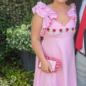 Fanm Mon Ruffle Sleeve Rose Embroidery Linen V-Neck Maxi Dress